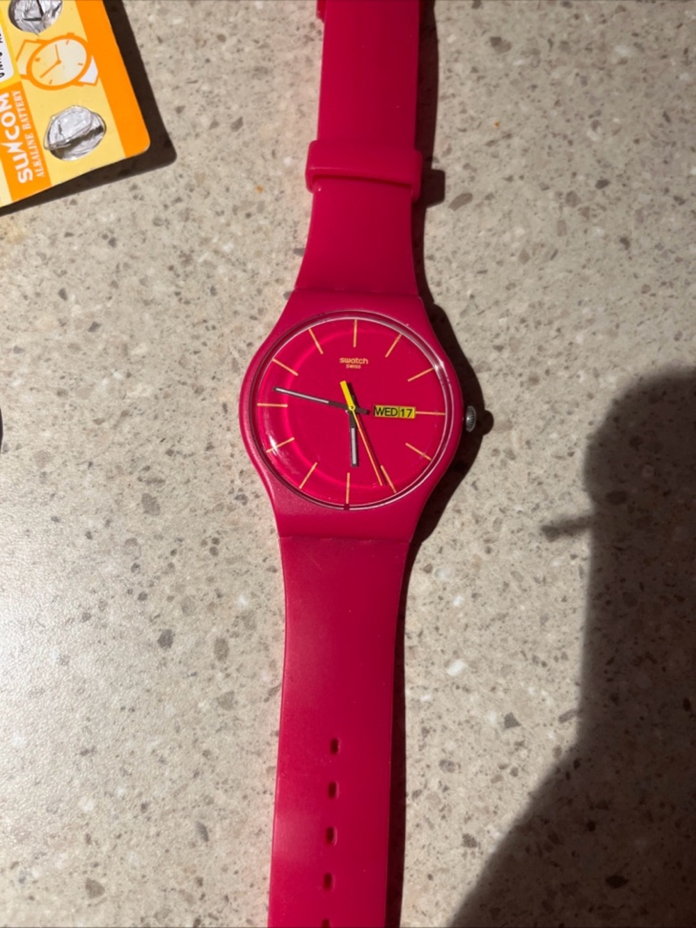 Swatch Red-Pink Silicone Watch with Yellow Accents